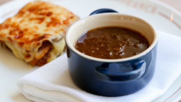 French onion soup comes with a croque-monsieur on the side.