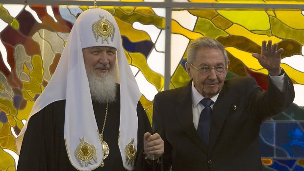 The head of the Russian Orthodox Church Patriarch Kirill, left, and Cuban President Raul Castro at a meeting at Revolution Palace in Havana on Friday.