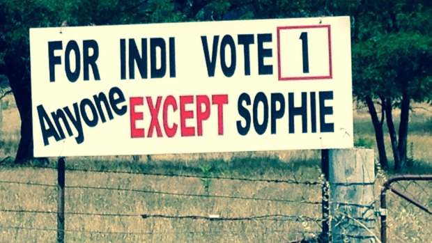 An anti-Sophie Mirabella billboard on the Midland Highway in Indi.