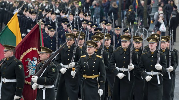 Lithuanian soldiers march during a celebration of independence in Vilnius on  March 11.