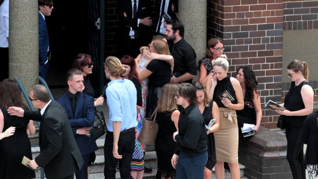 Family and friends at Jessica Falkholt's funeral. 
