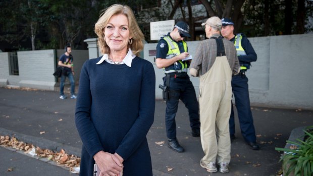 Leader of the Austrlaian Sex Party Fiona Patten outside the Fertility Control Clinic in East Melbourne on Monday.