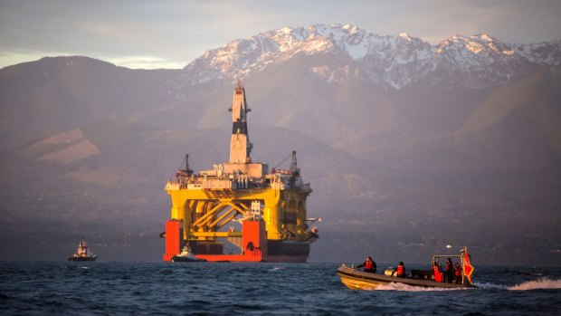 An oil drilling on a transport ship arrives in Washington State. The Obama administration has given Shell approval to begin limited exploratory oil drilling in the Arctic ocean, off Alaska's northwest coast. 