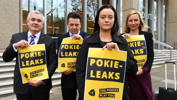 Greens deputy leader, Larissa Waters, Andrew Wilkie MP, Senator Nick Xenophon, and former pokie machine victim, Shonica Guy launch PokieLeaks in Sydney CBD. 