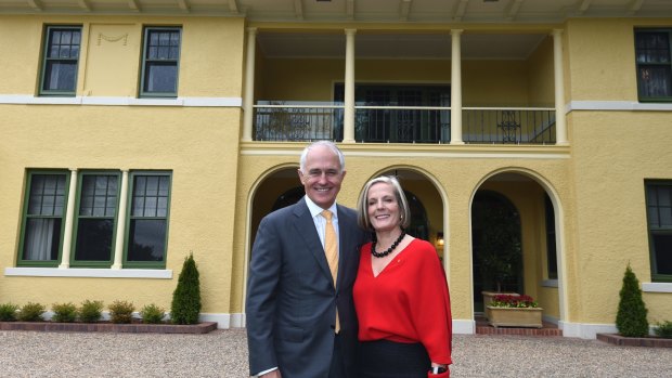 Prime Minister Malcolm Turnbull and wife Lucy Turnbull outside The Lodge.