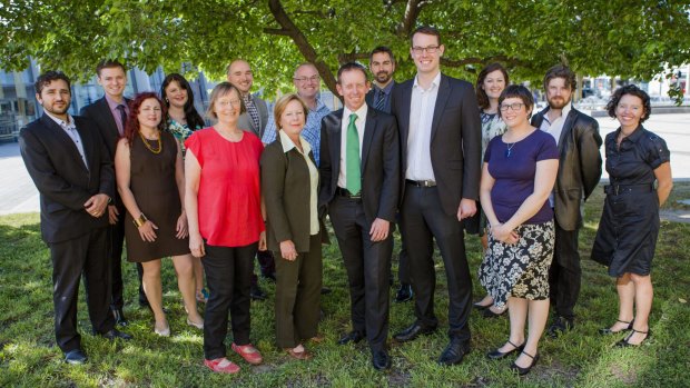The Greens candidates for 2016, with the five lead candidates in front from left: Caroline Le Couteur, Veronica Wensing, Shane Rattenbury, Michael Mazengarb, and Indra Esguerra.