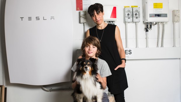 Canberrans have a better attitude to large scale renewable energy than most Australians do. Sophie Jensen with her son Huxley 12, and dog Ghillie, in front of their tesla battery, solar inverter and interface system.