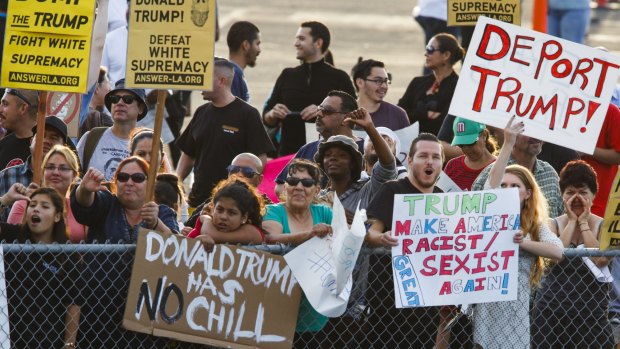 Protestors demonstrating their antipathy for Donald Trump in California on Tuesday. 
