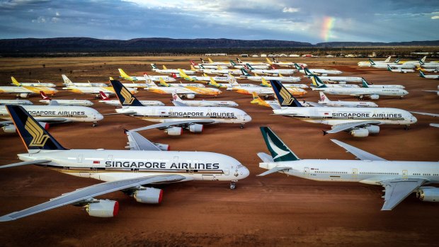 Aircraft stored at the Asia Pacific Aircraft Storage Facility near Alice Springs last year. At the end of 2020, it was estimated more than 30 per cent of the global passenger jet fleet was still in storage.