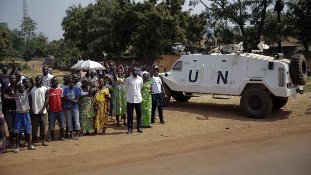 A UN peacekeeping armoured vehicle guards the streets before the arrival of Pope Francis in Bangui on Sunday. 