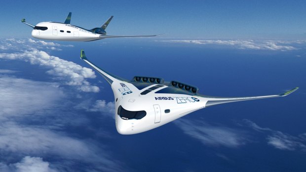 Airbus's ZEROe concept encompasses three aircraft, a twin-engine, narrow body jet, a twin-engine turboprop and a blended-wing body design, a radical flying wing (pictured).