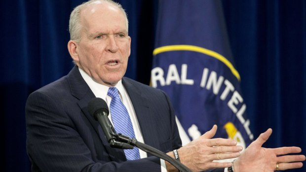 Defence: CIA director John Brennan addresses the media at agency headquarters in Langley, Virginia, on Thursday.