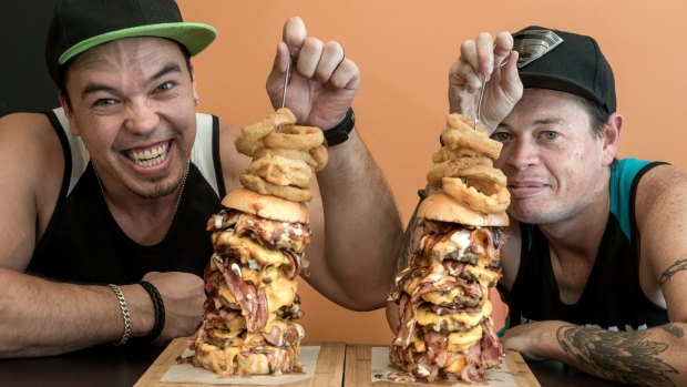 Riley Murphy AKA Chompamatic and Cal Stubbs AKA HulkSmashFood at Burgled in Carrum Downs They are pros at eating competitions.   