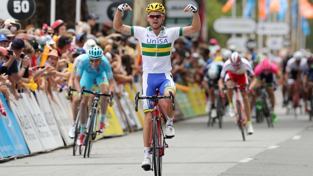 Pleased as punch: Jack  Bobridge celebrates after winning stage 1 of the Tour Down Under. 