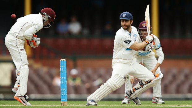 Unbeaten: Ryan Carters plays a cut shot during his century for NSW on Wednesday.