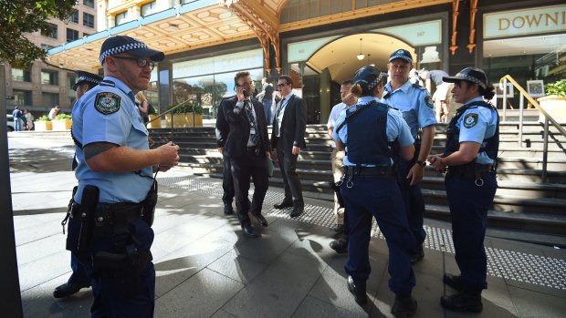 NSW police outside the Downing Centre court complex after a man was arrested on Wednesday morning.