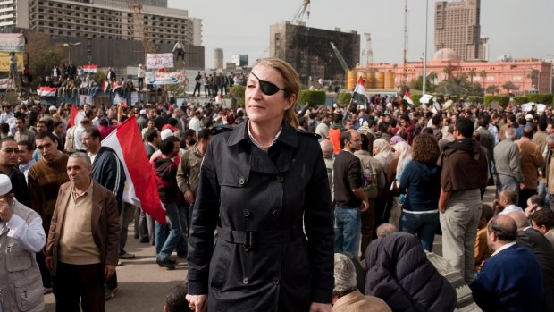 Marie Colvin on assignment in Tahrir Square, Cairo.