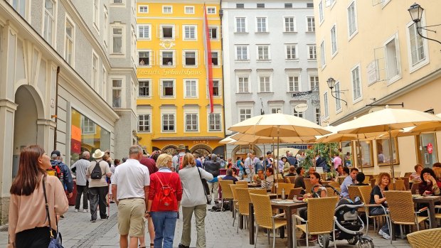 Mozart's birthplace in Salzburg, Austria. The composer lived on the third floor of the "Hagenauer House" at Getreidegasse 9 from 1747 to 1773.