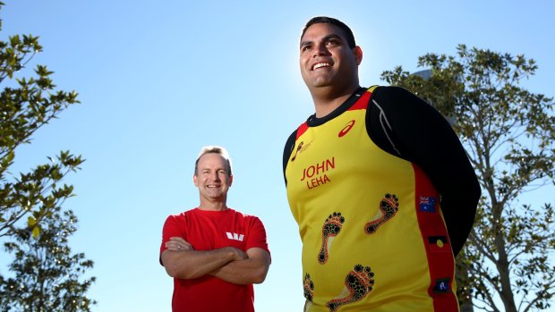 John Leha (right), who has lost 30kg since he took up running, with Westpac's Curt Zuber. 