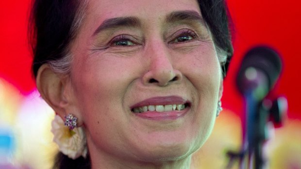 Myanmar's opposition leader Aung San Suu Kyi at her home in Yangon on Thursday. 