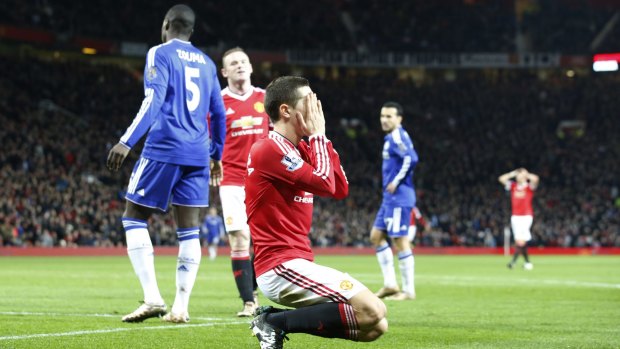 Manchester United's Ander Herrera reacts after missing a chance against Chelsea.