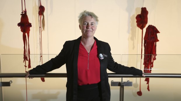 Murray Art Musem Albury director Jacqui Hemsley with contemporary works in the new gallery.