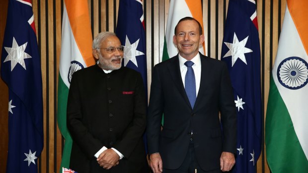 Indian Prime Minister Narendra Modi and Prime Minister Tony Abbott at Parliament House.