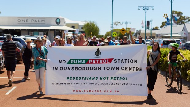 A protest against a proposed development of a Puma petrol station in the Dunsborough CBD.