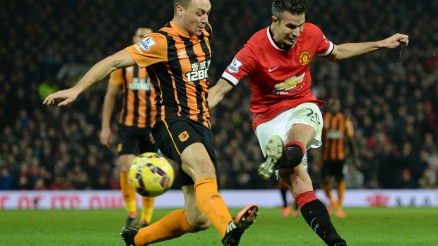 Robin van Persie scores the third goal for Manchester United.