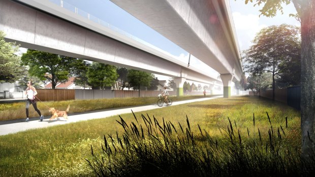 An artist's impression of the elevated rail line as it passes through Murumbeena. 