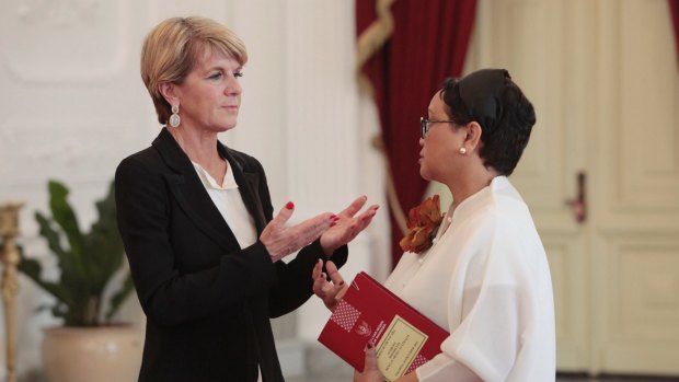 Foreign Minister Julie Bishop talks with her Indonesian counterpart Retno Marsudi on Wednesday.