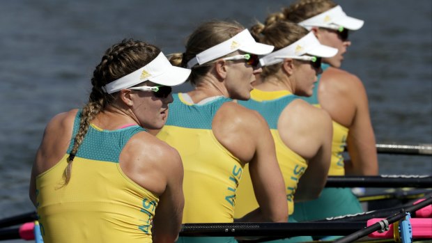 Jessica Hall, Kerry Hore, Jennifer Cleary, and Madeleine Edmunds, of Australia, look to shore after competing in their quadruple scull heat in Rio on Saturday.