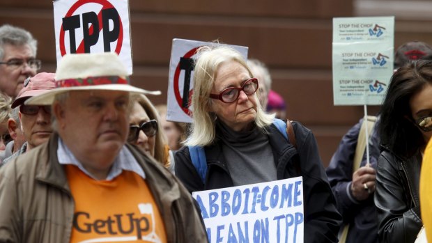 Protesters rally against the TPP.