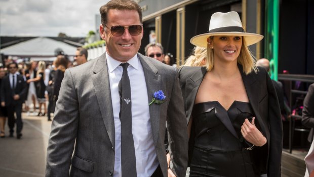 TV personality Karl Stefanovic and girlfriend Jasmine Yarbrough arrive at the Birdcage on Derby Day.
