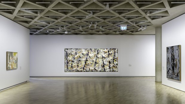 Jackson Pollock's "Blue Poles" in its new position at the National Gallery of Australia.