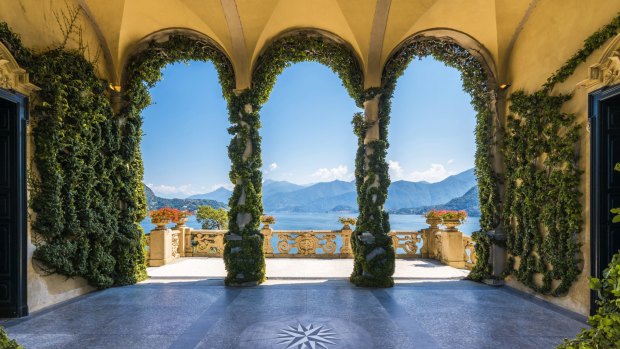 Scenic balcony overlooking Lake Como in the famous Villa del Balbianello, in the comune of Lenno. 