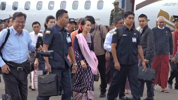 Myanmar's leader Aung San Suu Kyi arrives in Sittwe, Rakhine state on Thursday.