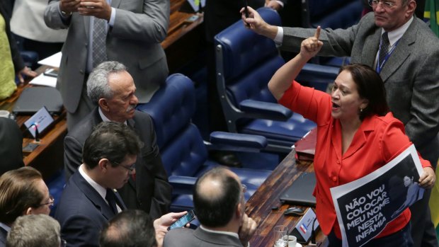 Brazilian Senator Fatima Bezerra, of the Workers Party, accuses opposition senators of a coup on Wednesday.
