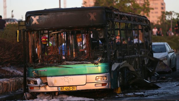 The bus which exploded in the heart of Jerusalem on Monday.
