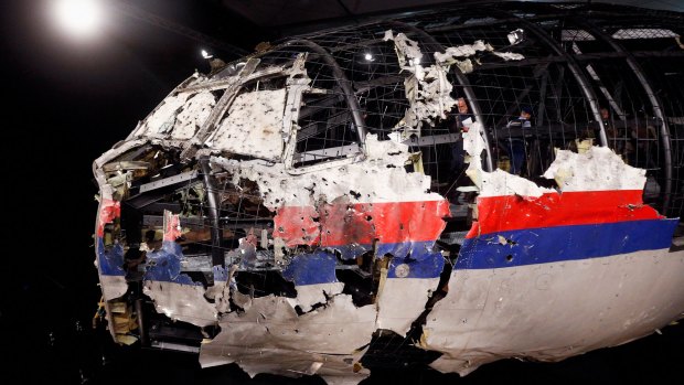 Cockpit wreckage reconstruction of MH17 at the Gilze-Rijen Military Base in the Netherlands.