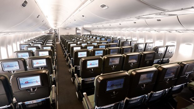 Qantas' Boeing 747 economy cabin.
