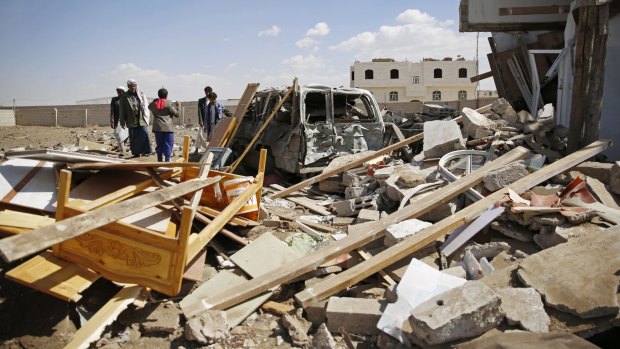 Rubble after an airstrike in Sanaa, Yemen.