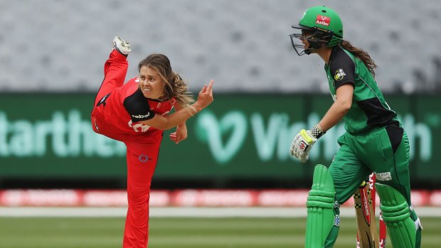 Molly Strano, of the Renegades, bowls against the Stars in Melbourne during the Women's Big Bash League.