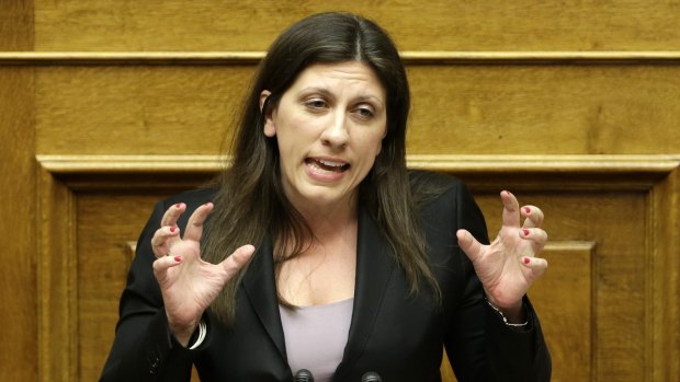 Speaker of Parliament Zoe Konstantopoulou speaking during an emergency parliament session in Athens on Thursday. 