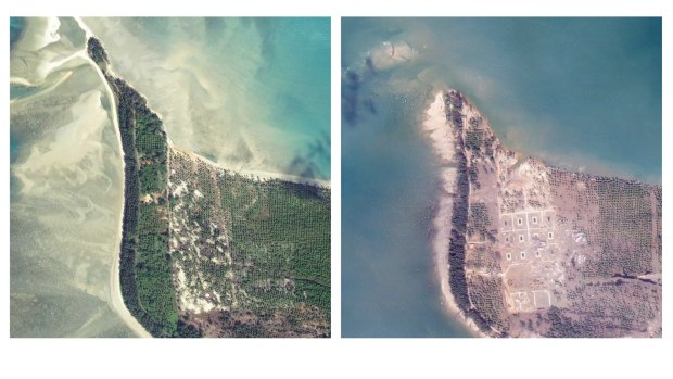 Satellite images show the change in the coast line in the area around the Khao Lak tourist destination in southern Thailand.