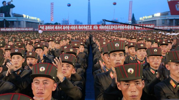 Soldiers gather in Kim Il-sung Square in Pyongyang, North Korea, on Thursday.