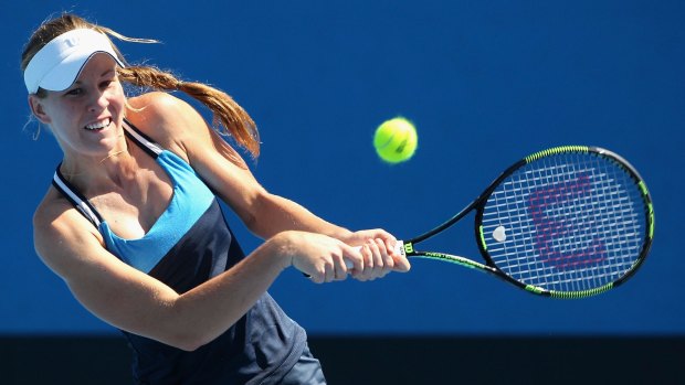 Olivia Rogowska plays a backhand in her first-round match against Seone Mendez at Melbourne Park on Tuesday.