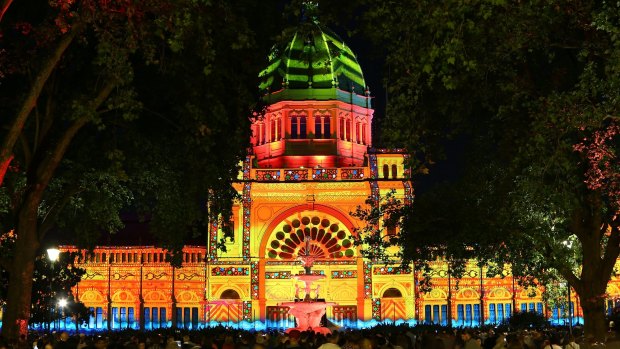 The work of Ballarat art collective The Pitcha Makin Fellas was projected on to the Royal Exhibition Building during White Night Melbourne 2016.