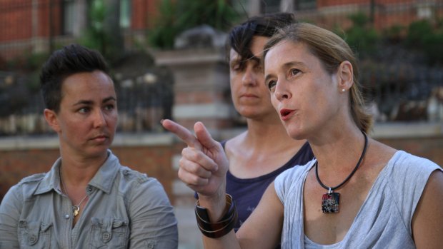 Family advocate Natasha Blucher, GetUp! campaigner Ellen Roberts and Queensland Council of Unions general secretary Ros McLennan speaks to media outside the Lady Cilento Children's Hospital about the campaign to keep baby Asha from being sent back to Nauru.