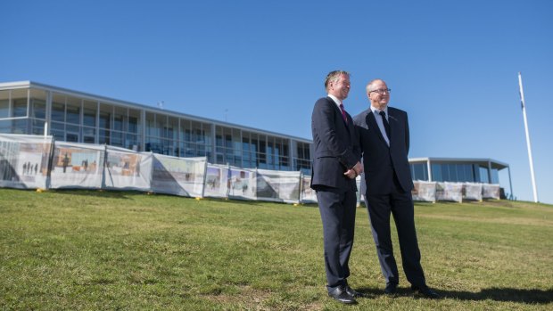 National Capital Authority boss Malcolm Snow and Visit Canberra's Ian Hill at Regatta Point on Tuesday.